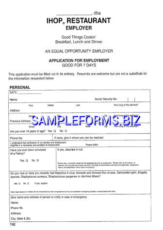 IHOP Restaurant Employer Application for Employment pdf free